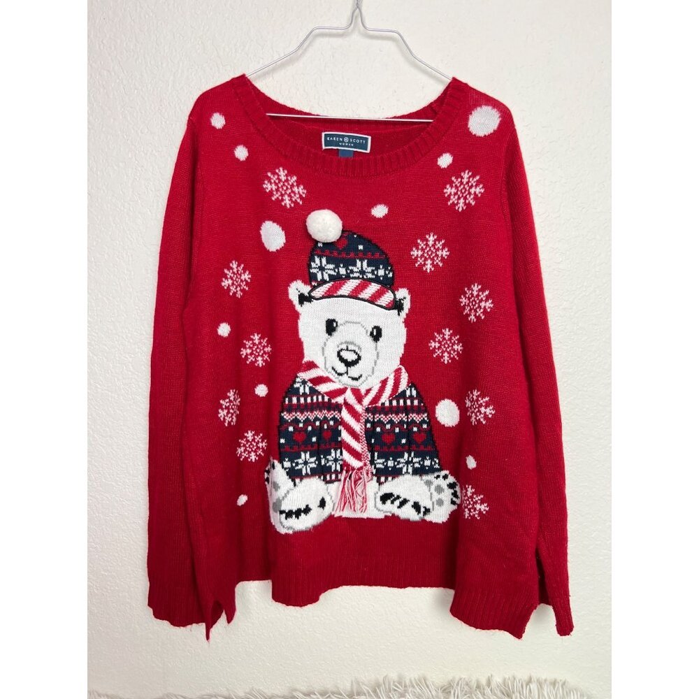 Karen Scott Ugly Christmas Sweater 2X Teddy Bear Scarf Snowflakes
